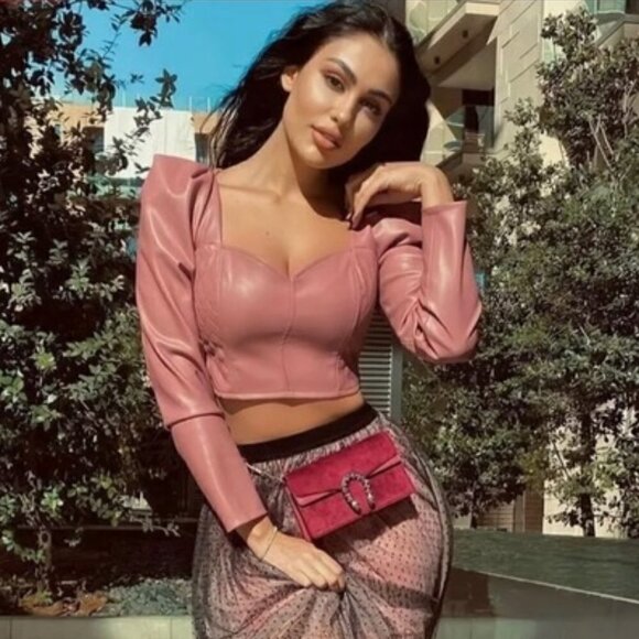 Zara Faux Leather Puff Shoulders Marsala Crop Top/Blouse Blogger Favorite NWT - Picture 1 of 16